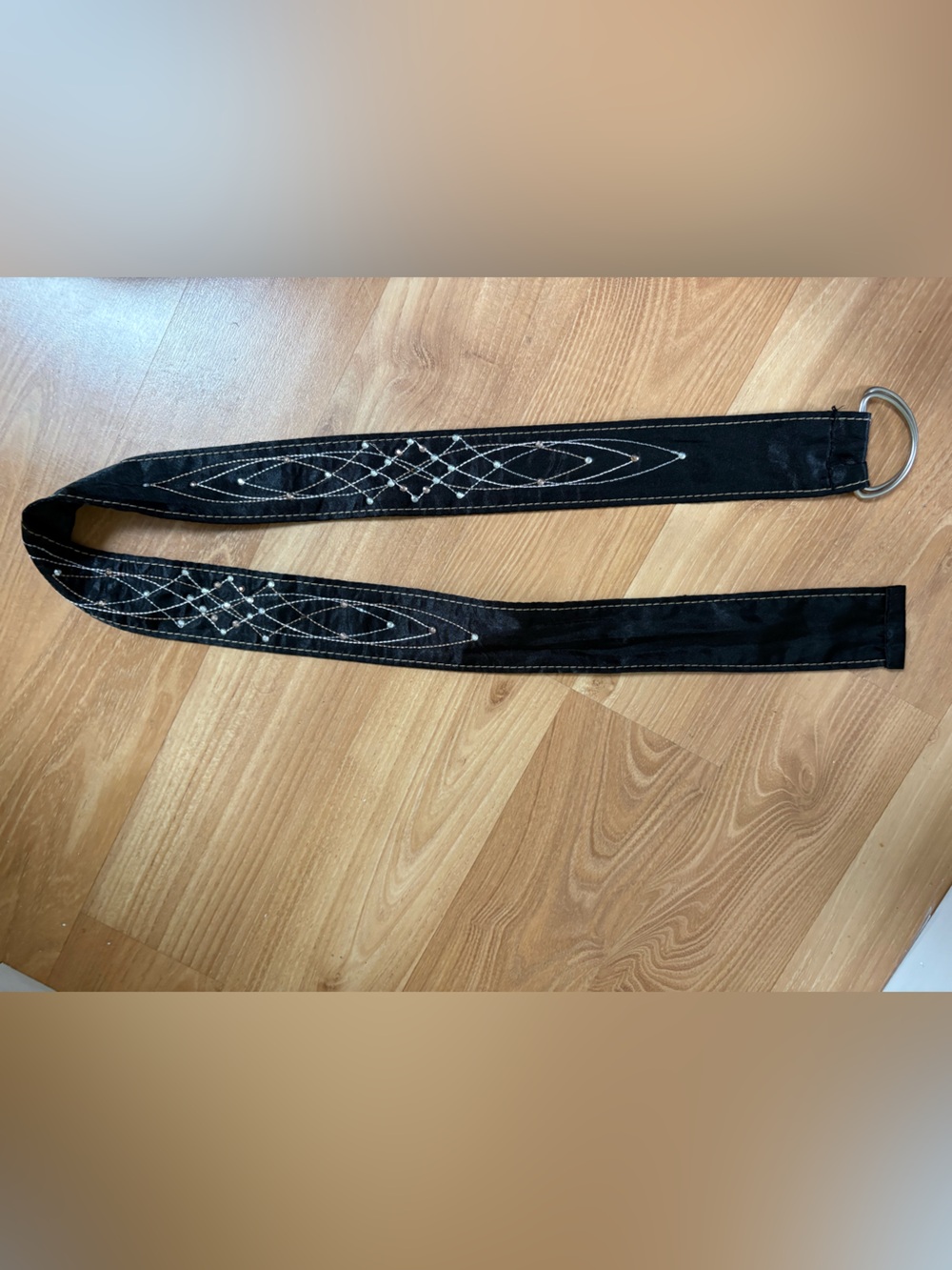 Black Embroidered fabric Belt with Silver D-Ring